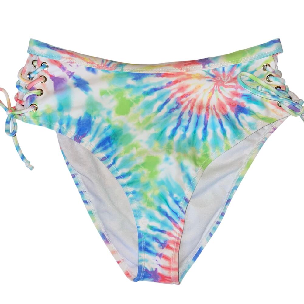 Colorful White and Tie Dye High Waisted Tigh Up Bikini Bottom Size XL